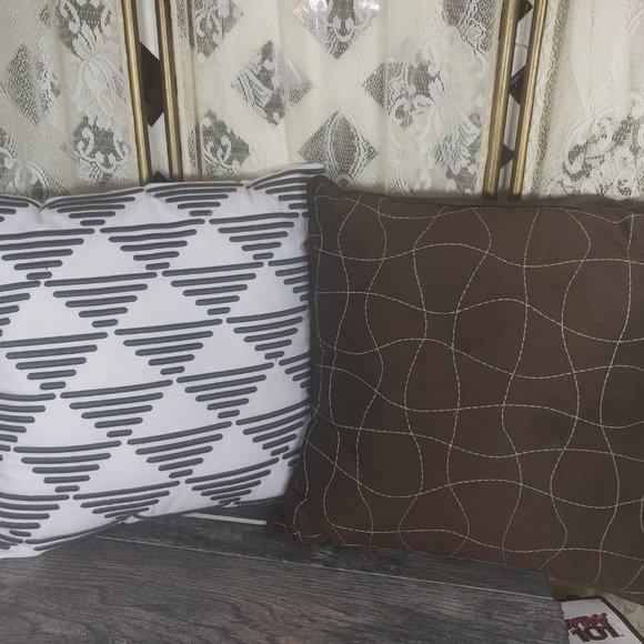 Two Throw Pillows-Chocolate Brown and White/Grey - Picture 1 of 5